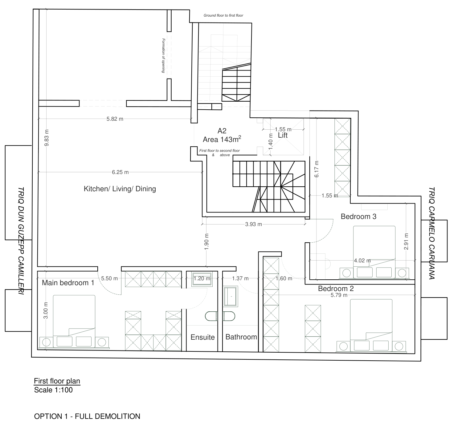 Original Option 1 first-floor A2 plan, showing the three bedrooms, bathrooms, living area, rear extension, lift, stairs and balconies.